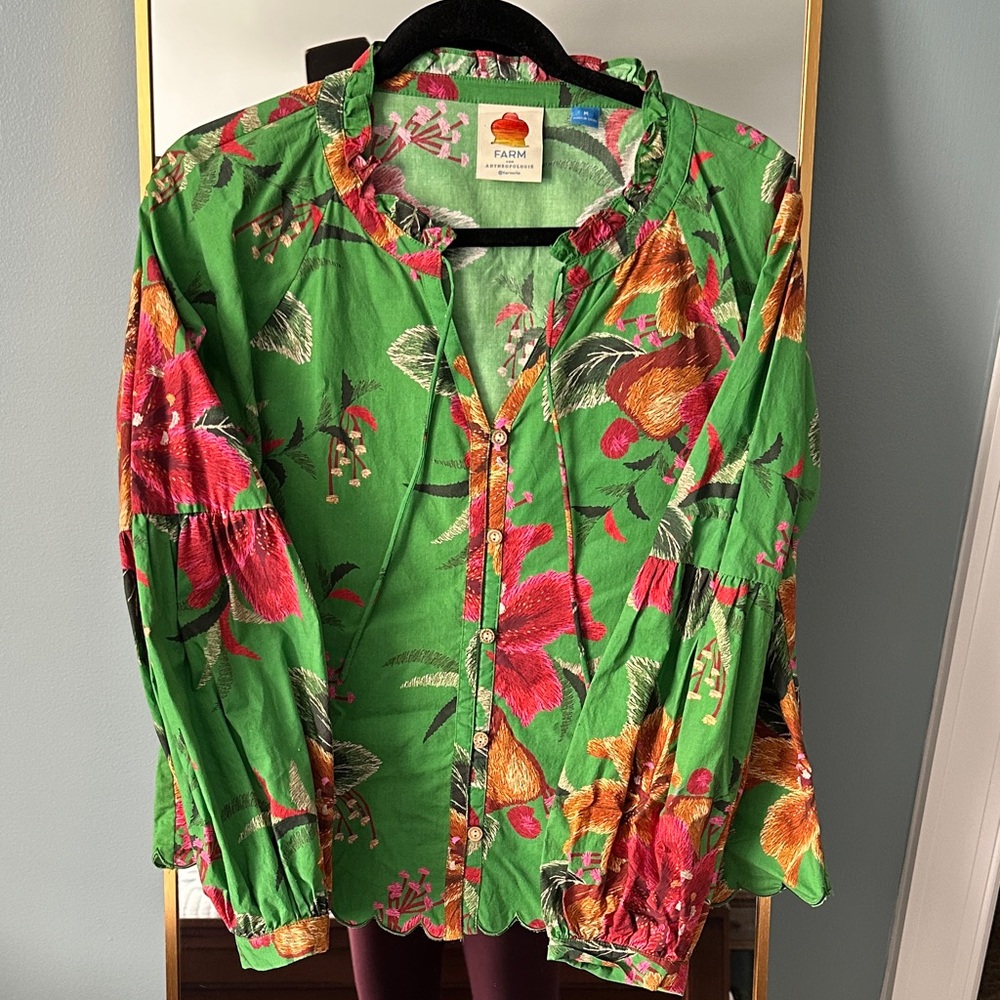 FARM Rio for Anthro Green and Pink Floral Blouse